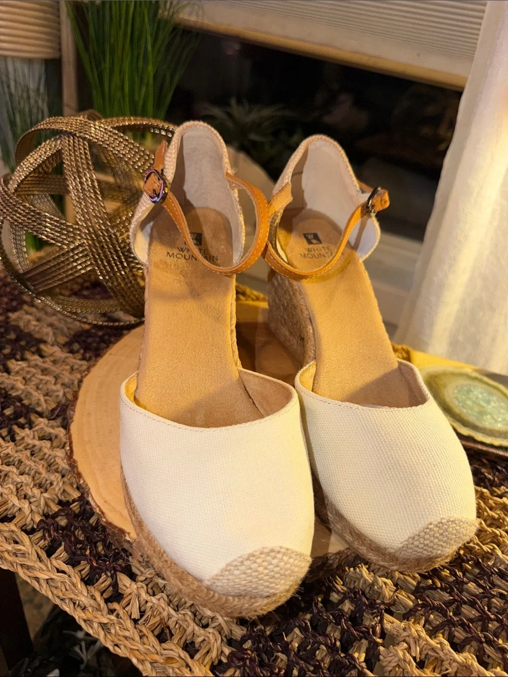 White Mountain White and Tan Espadrille Wedge Sandals